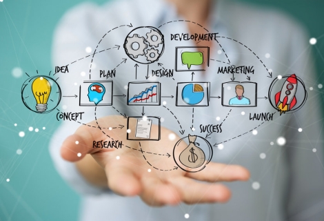 Businesswoman on blurred background using manuscript project presentation with her hand